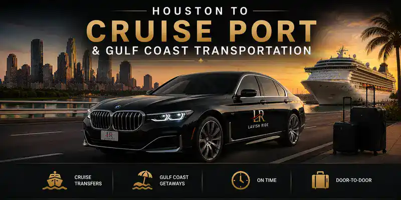 BMW 7 Series luxury transportation to Houston cruise ports and Gulf Coast destinations featuring private chauffeur service, cruise terminal transfers, door-to-door travel, and Lavish Ride branding at sunset.